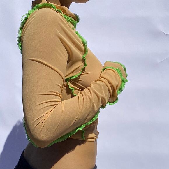 Medium New Mesh Tan Green Long Sleeve Crop Sheer Top Stitch Trim High Neck Y2K - Picture 2 of 9